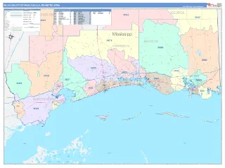Gulfport-Biloxi-Pascagoula Metro Area ColorCast style ZIP Code wall map
