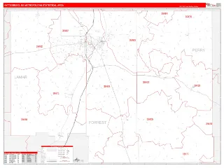 Hattiesburg Metro Area RedLine style ZIP Code wall map