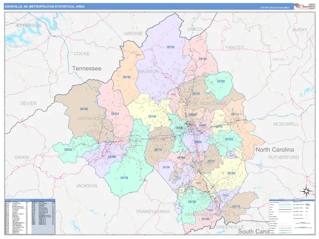 Asheville Metro Area ZIP Code Wall Map, ColorCast style