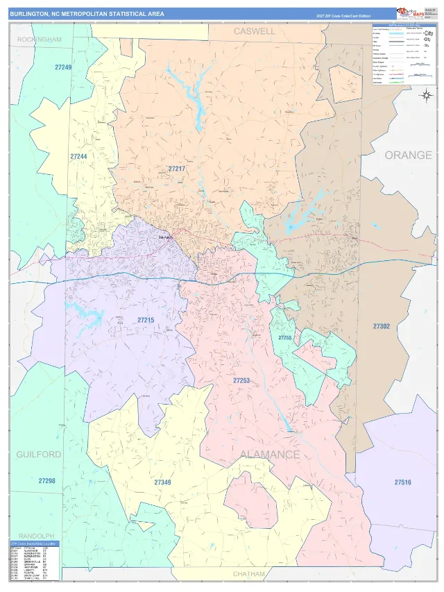 Burlington Metro Area ZIP Code Wall Map, ColorCast style