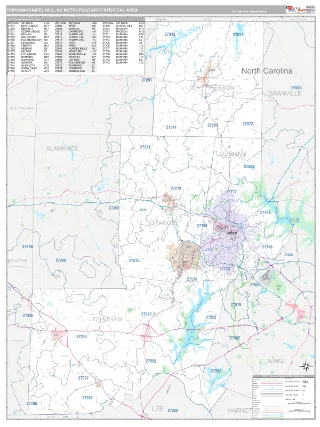 Durham-Chapel Hill Metro Area Classic style ZIP Code wall map