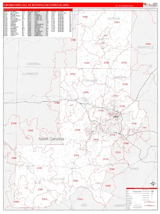 Durham-Chapel Hill Metro Area RedLine style ZIP Code wall map