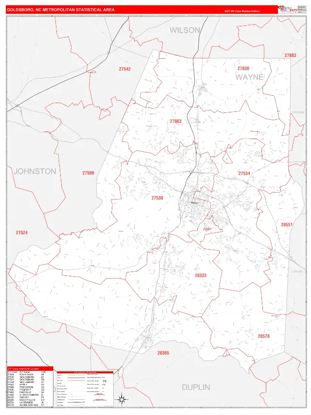 Goldsboro Metro Area ZIP Code Wall Map, RedLine style