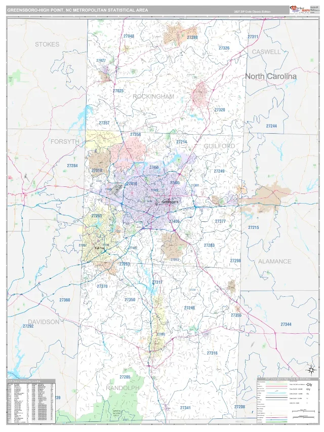 Greensboro-High Point Metro Area ZIP Code Wall Map, Classic style