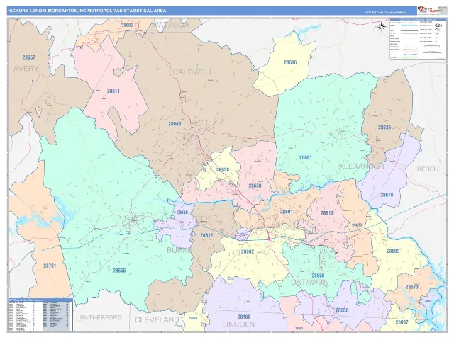 Hickory-Lenoir-Morganton Metro Area ZIP Code Wall Map, ColorCast style