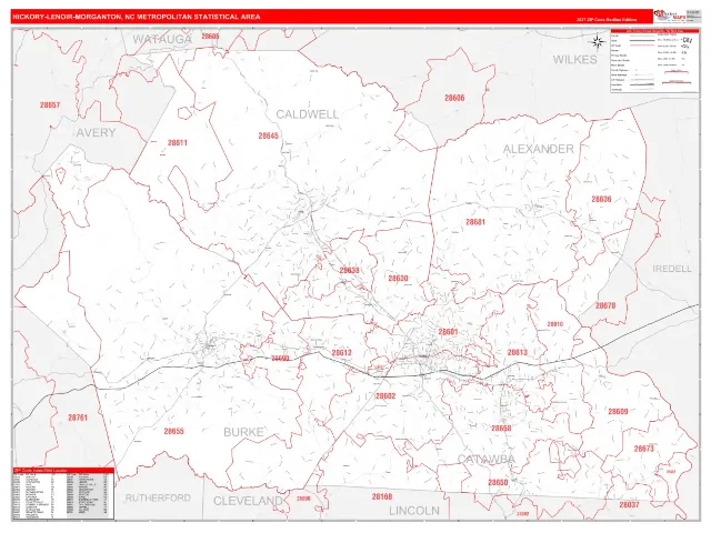 Hickory-Lenoir-Morganton Metro Area ZIP Code Wall Map, RedLine style