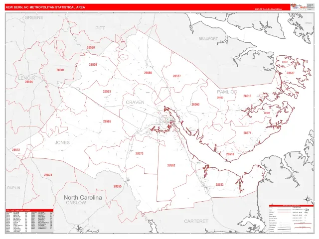 New Bern Metro Area ZIP Code Wall Map, RedLine style