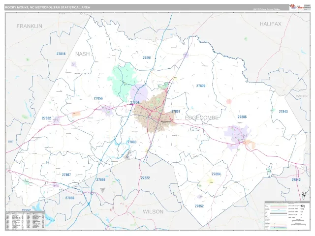 Rocky Mount Metro Area ZIP Code Wall Map, Classic style