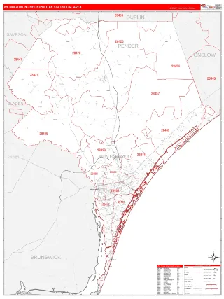 Wilmington Metro Area RedLine style ZIP Code wall map