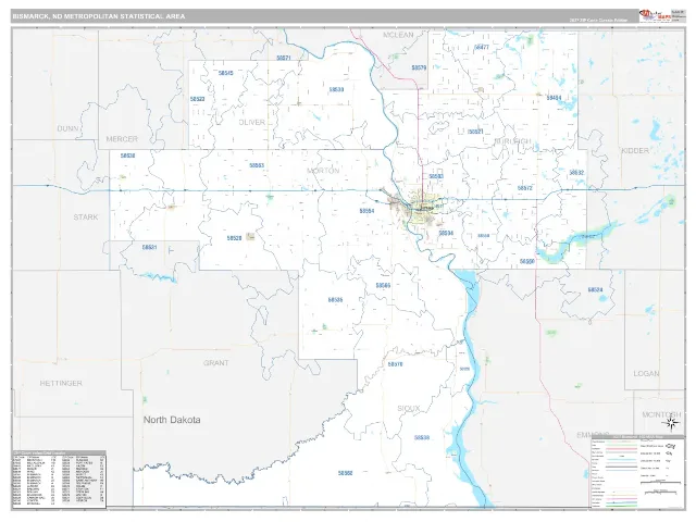 Bismarck Metro Area ZIP Code Wall Map, Classic style