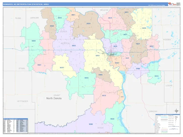 Bismarck Metro Area ZIP Code Wall Map, ColorCast style