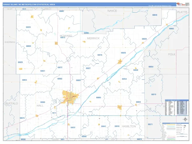 Grand Island Metro Area ZIP Code Wall Map, Business Reference style