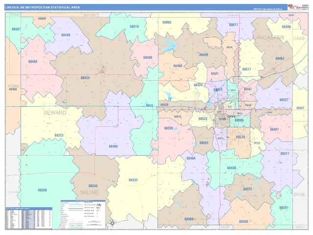 Lincoln Metro Area ZIP Code Wall Map, ColorCast style