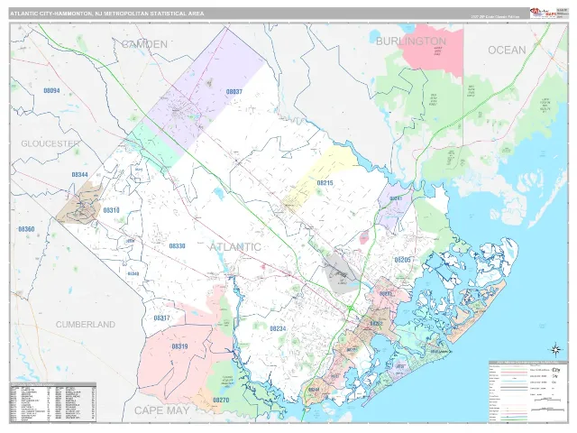 Atlantic City-Hammonton Metro Area ZIP Code Wall Map, Classic style