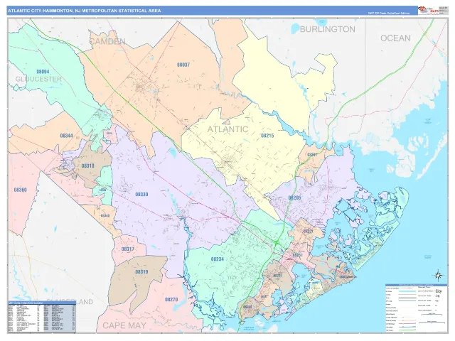 Atlantic City-Hammonton Metro Area ZIP Code Wall Map, ColorCast style