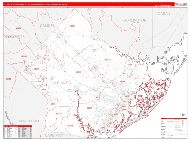 Atlantic City-Hammonton Metro Area ZIP Code Wall Map, RedLine style