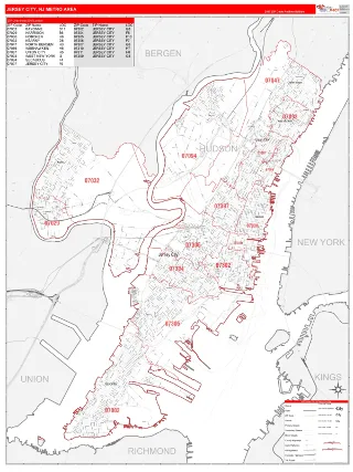 Jersey City Metro Area RedLine style ZIP Code wall map