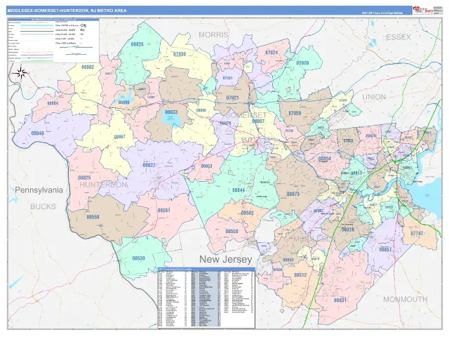 Middlesex-Somerset-Hunterdon Metro Area ZIP Code Wall Map, ColorCast style