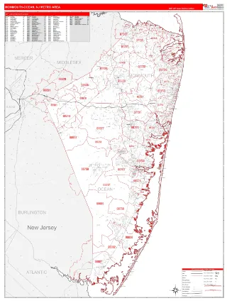 Monmouth-Ocean Metro Area RedLine style ZIP Code wall map
