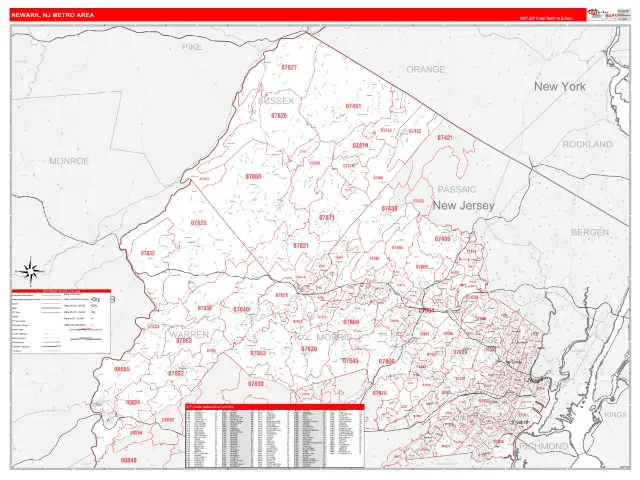Newark Metro Area ZIP Code Wall Map, RedLine style