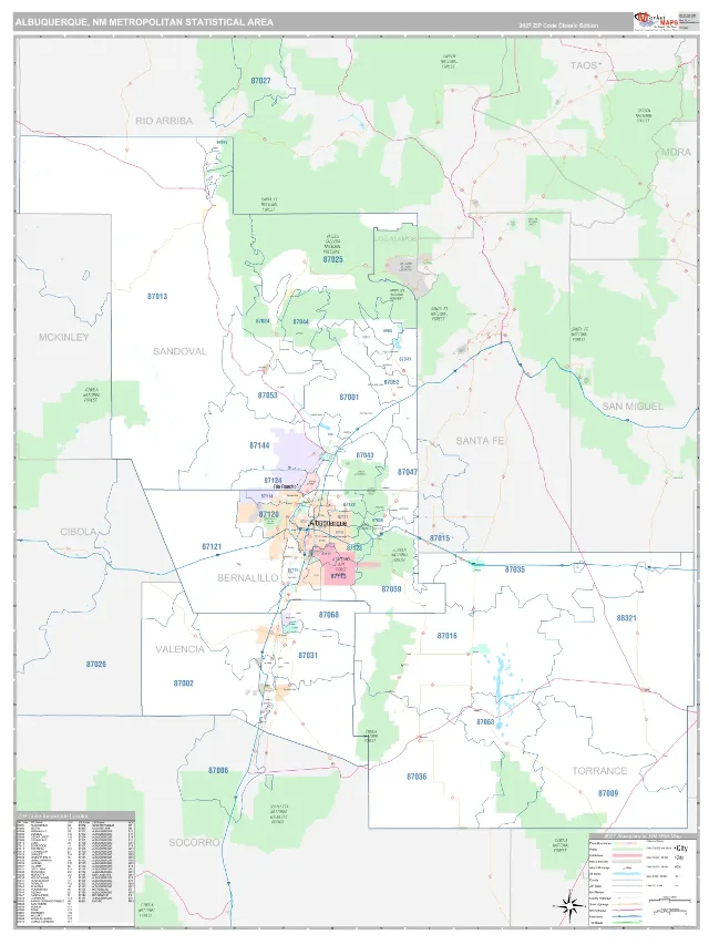 Albuquerque Metro Area ZIP Code Wall Map, Classic style