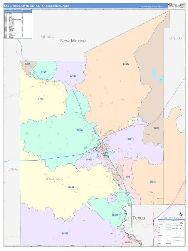 Las Cruces Metro Area ZIP Code Wall Map, ColorCast style