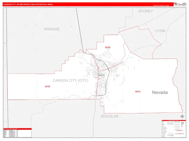 Carson City Metro Area ZIP Code Wall Map, RedLine style