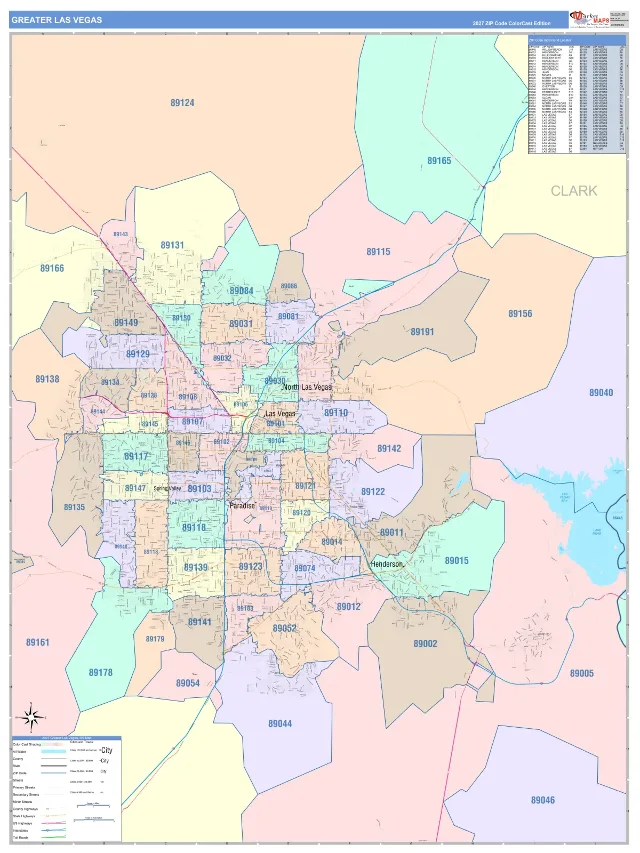 Greater Las Vegas Metro Area ZIP Code Wall Map, ColorCast style