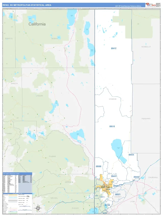 Reno Metro Area ZIP Code Wall Map, Business Reference style