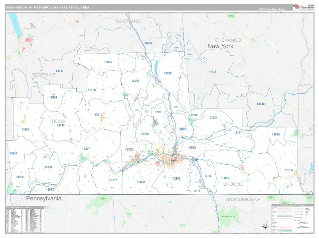 Binghamton Metro Area ZIP Code Wall Map, Classic style