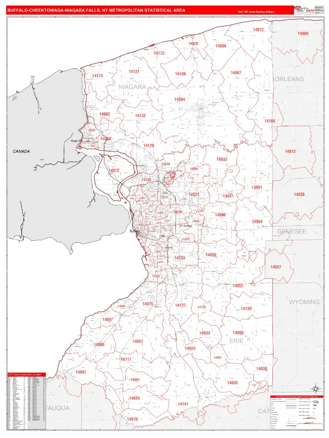 Buffalo-Cheektowaga-Niagara Falls Metro Area ZIP Code Wall Map, RedLine style