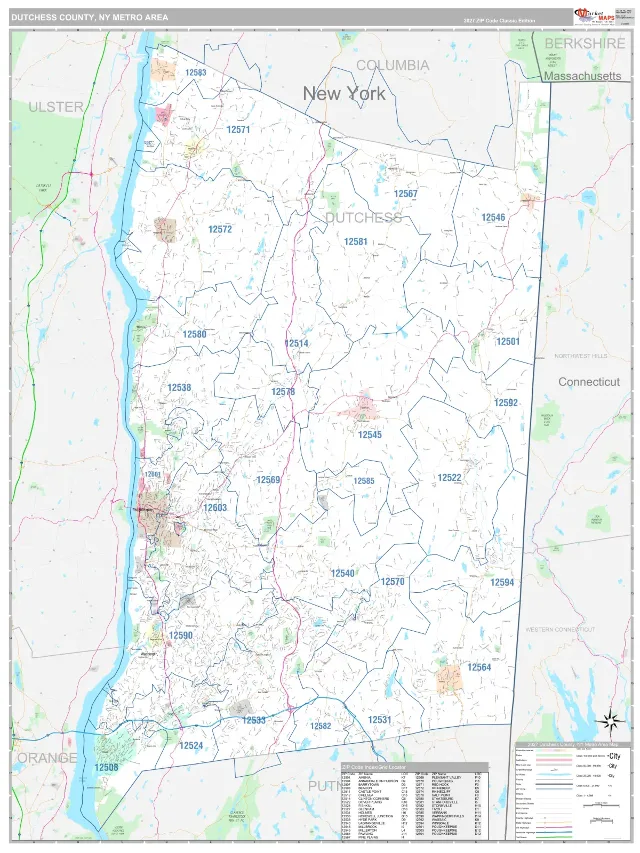 Dutchess County Metro Area ZIP Code Wall Map, Classic style