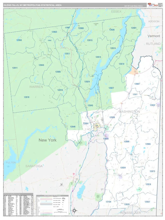Glens Falls Metro Area ZIP Code Wall Map, Classic style