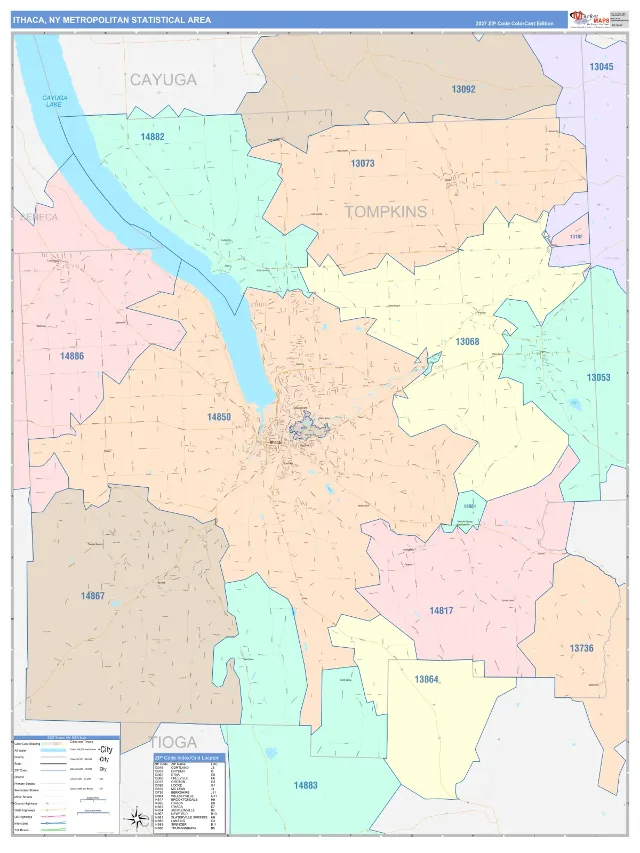 Ithaca Metro Area ZIP Code Wall Map, ColorCast style