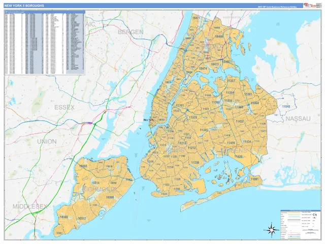 New York 5 Boroughs Metro Area ZIP Code Wall Map, Business Reference style