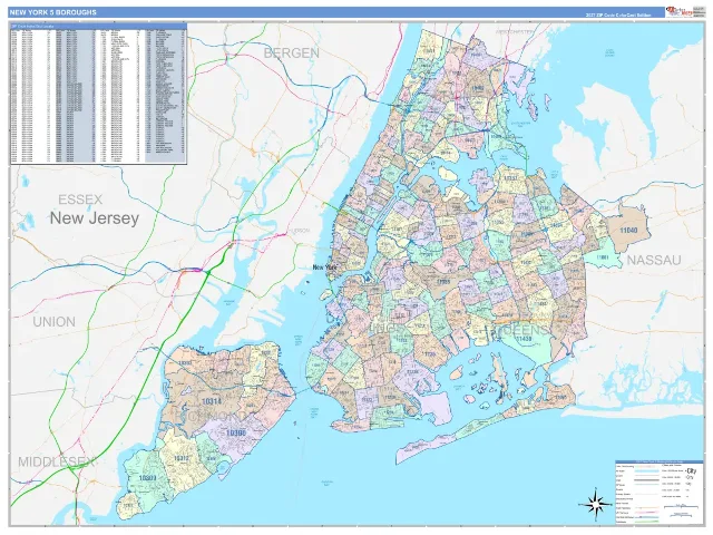 New York 5 Boroughs Metro Area ZIP Code Wall Map, ColorCast style