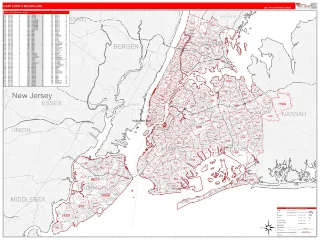 New York 5 Boroughs Metro Area RedLine style ZIP Code wall map