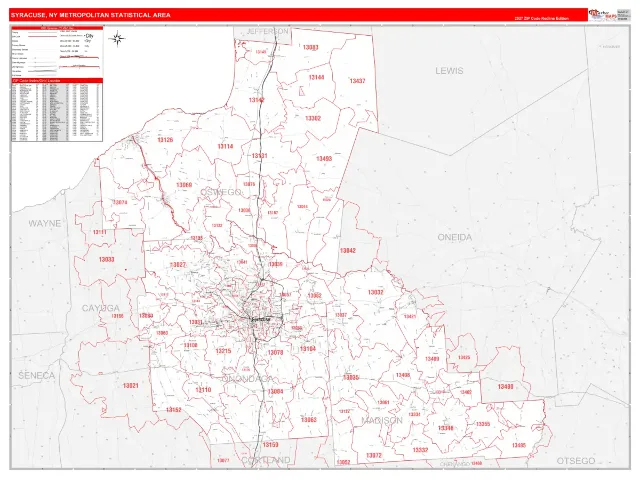 Syracuse Metro Area ZIP Code Wall Map, RedLine style
