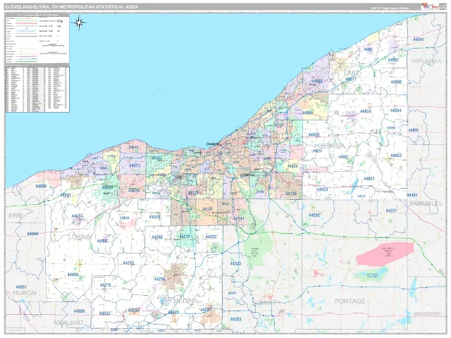 Cleveland-Elyria Metro Area ZIP Code Wall Map, Classic style
