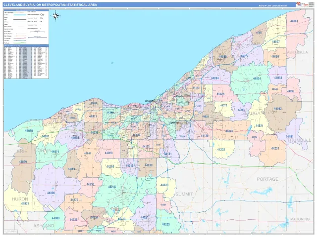 Cleveland-Elyria Metro Area ZIP Code Wall Map, ColorCast style
