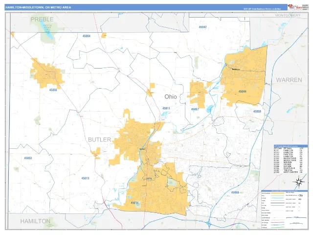 Hamilton-Middletown Metro Area ZIP Code Wall Map, Business Reference style