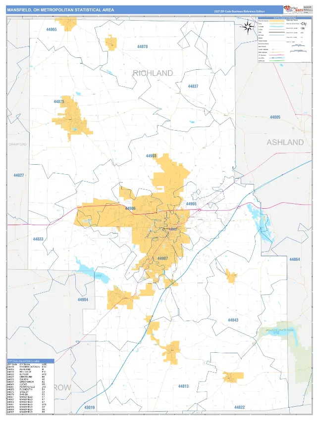 Mansfield Metro Area ZIP Code Wall Map, Business Reference style