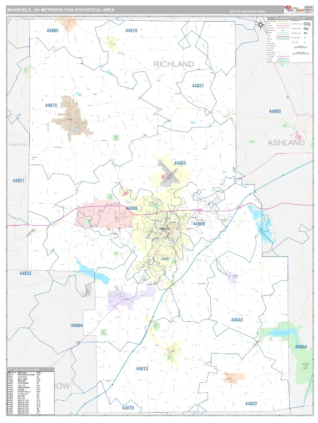 Mansfield Metro Area ZIP Code Wall Map, Classic style