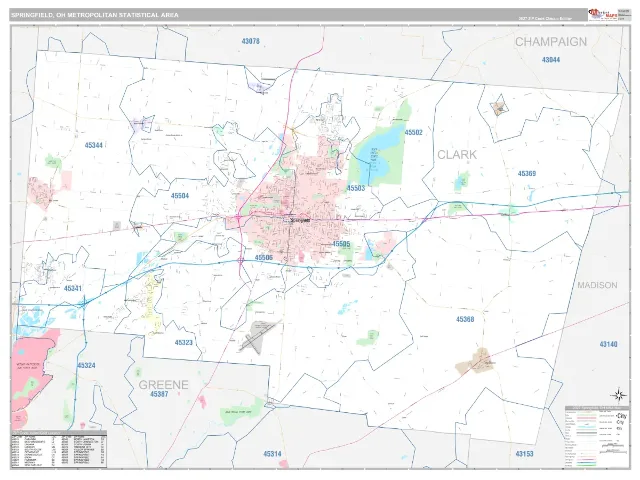 Springfield Metro Area ZIP Code Wall Map, Classic style