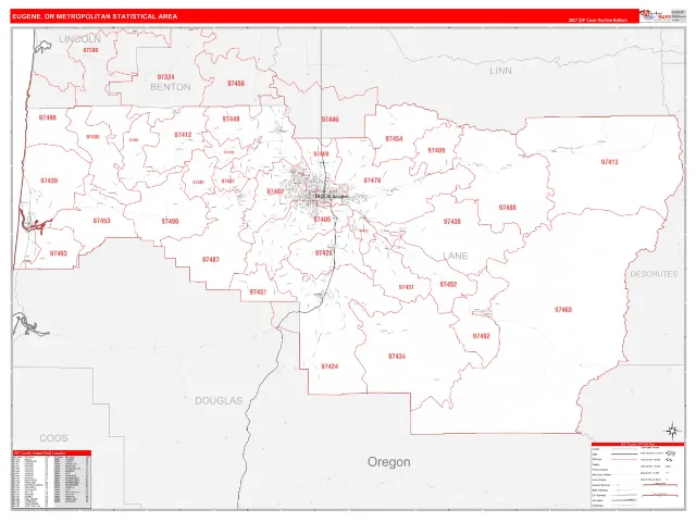 Eugene Metro Area ZIP Code Wall Map, RedLine style