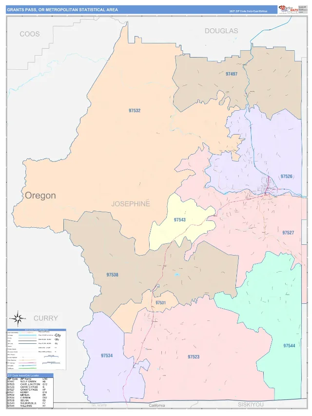 Grants Pass Metro Area ZIP Code Wall Map, ColorCast style