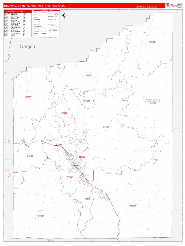 Medford Metro Area ZIP Code Wall Map, RedLine style
