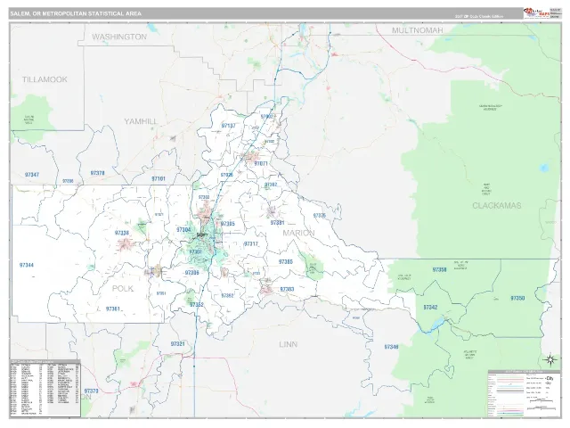 Salem Metro Area ZIP Code Wall Map, Classic style
