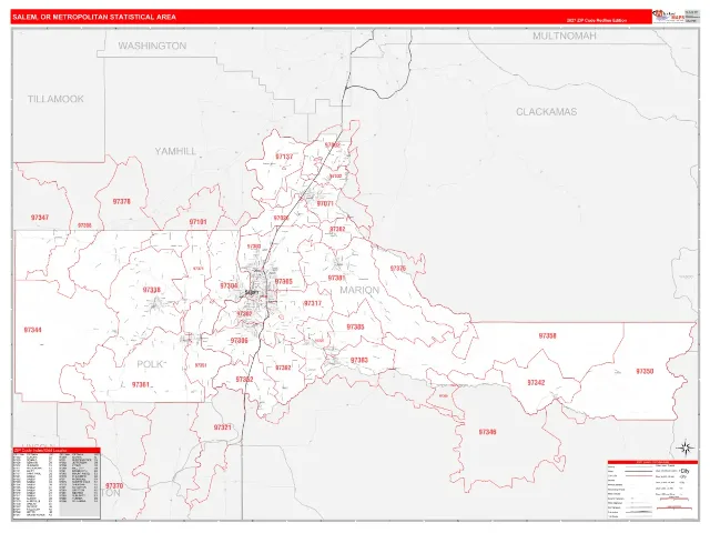 Salem Metro Area ZIP Code Wall Map, RedLine style