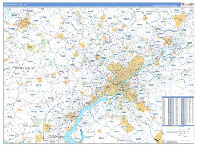 Delaware Valley Metro Area ZIP Code Wall Map, Business Reference style
